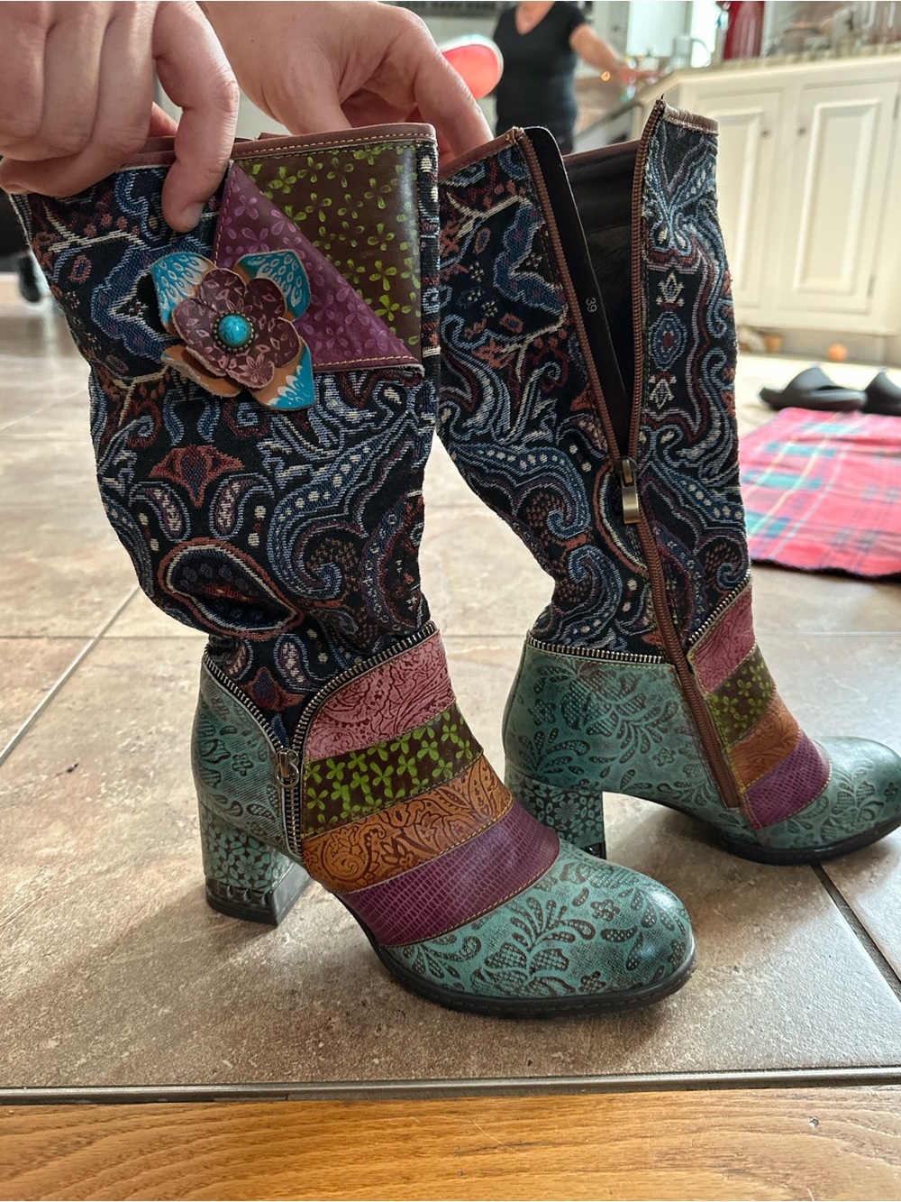 Women's Multicolor Paisley Patchwork Mid-Calf Boots